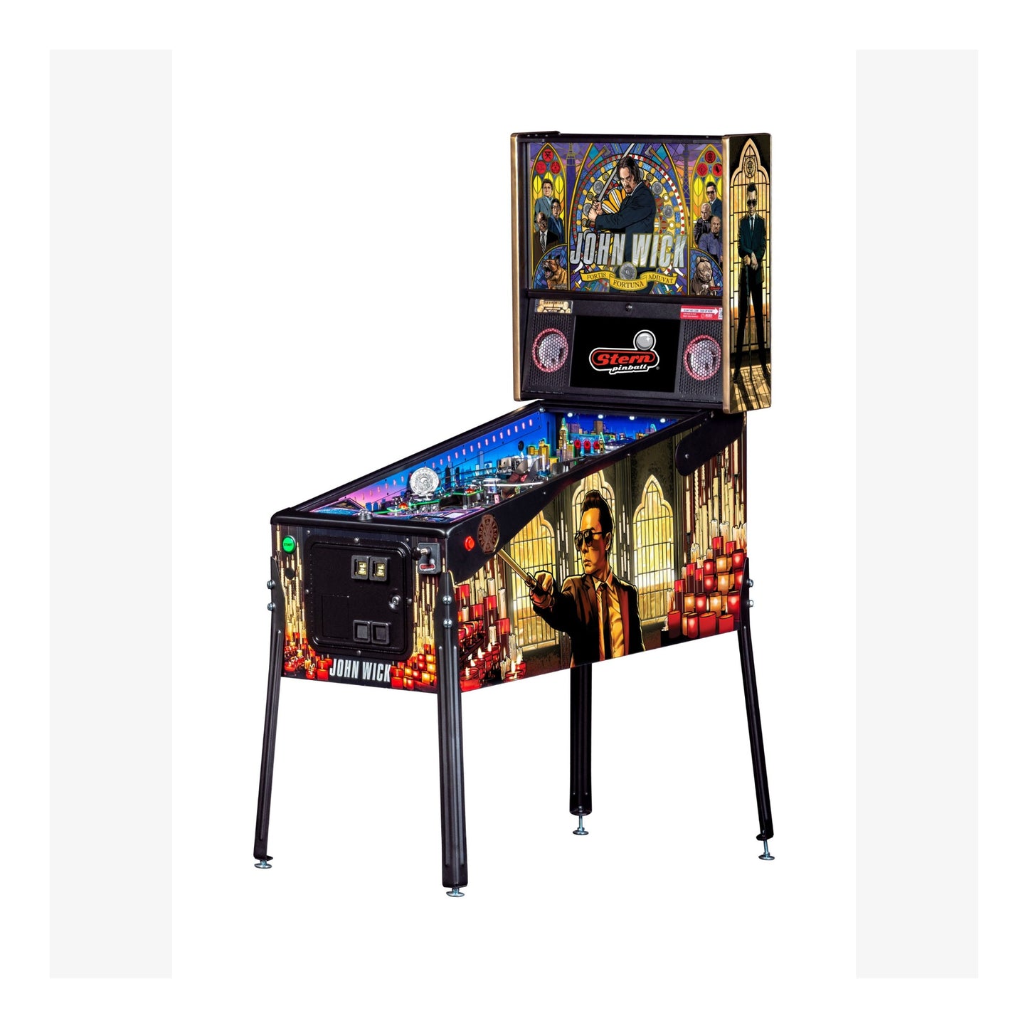 Pinball machine with colorful design on a white background