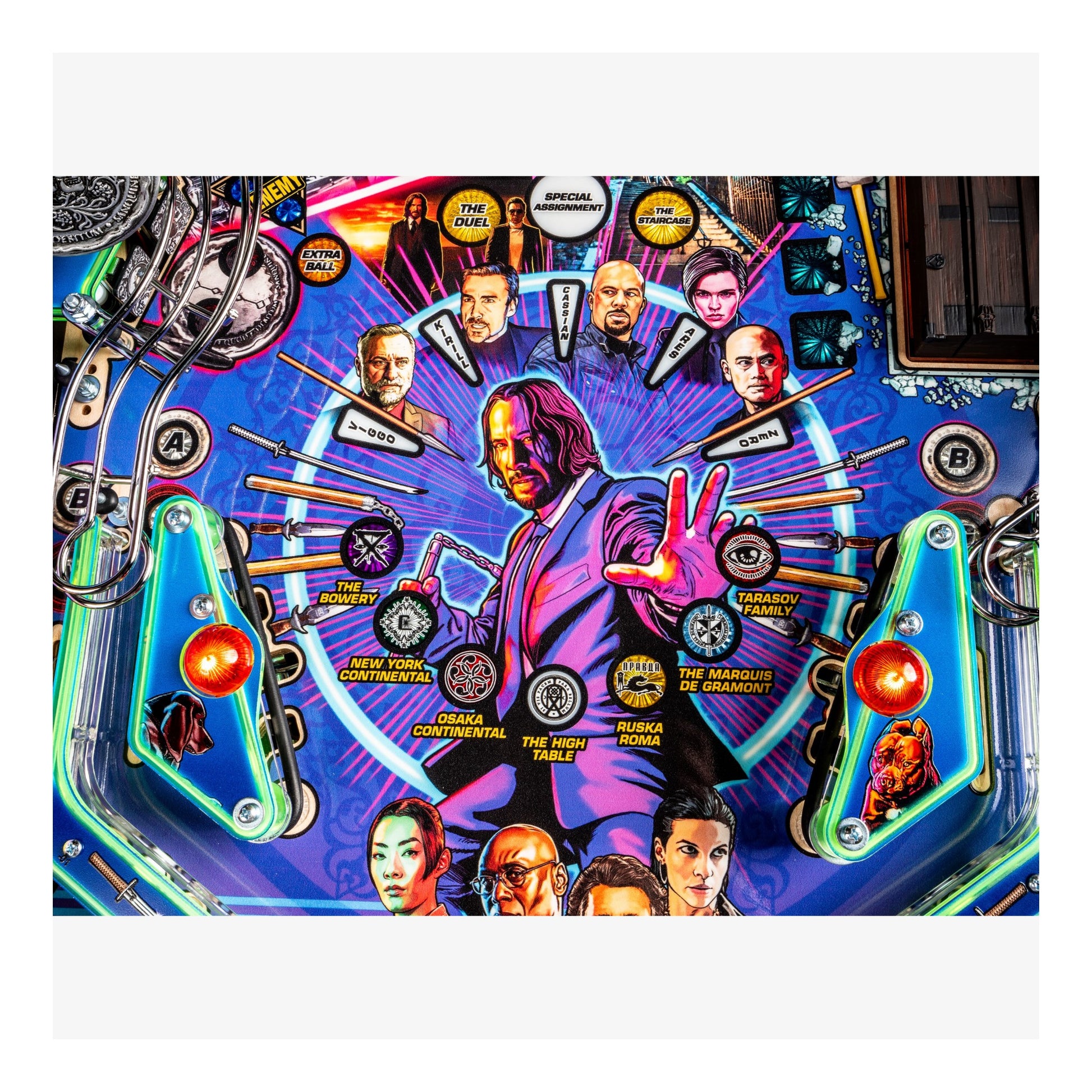 Colorful pinball machine with character images and game elements