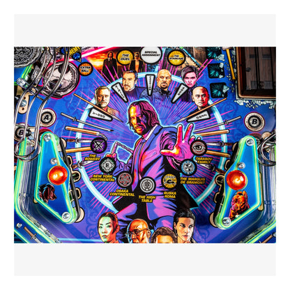 Colorful pinball machine with character images and game elements