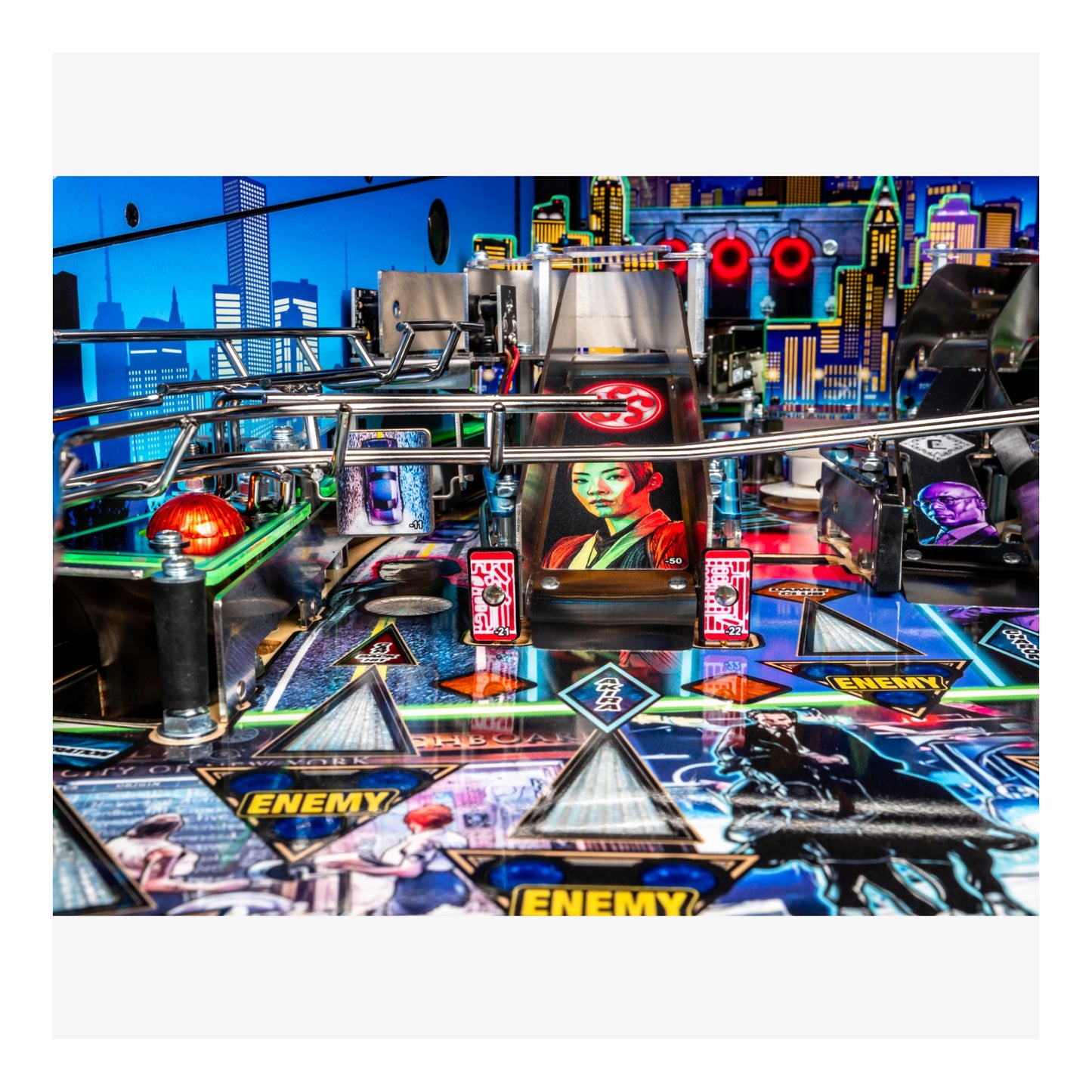 Pinball machine with colorful design and cityscape background