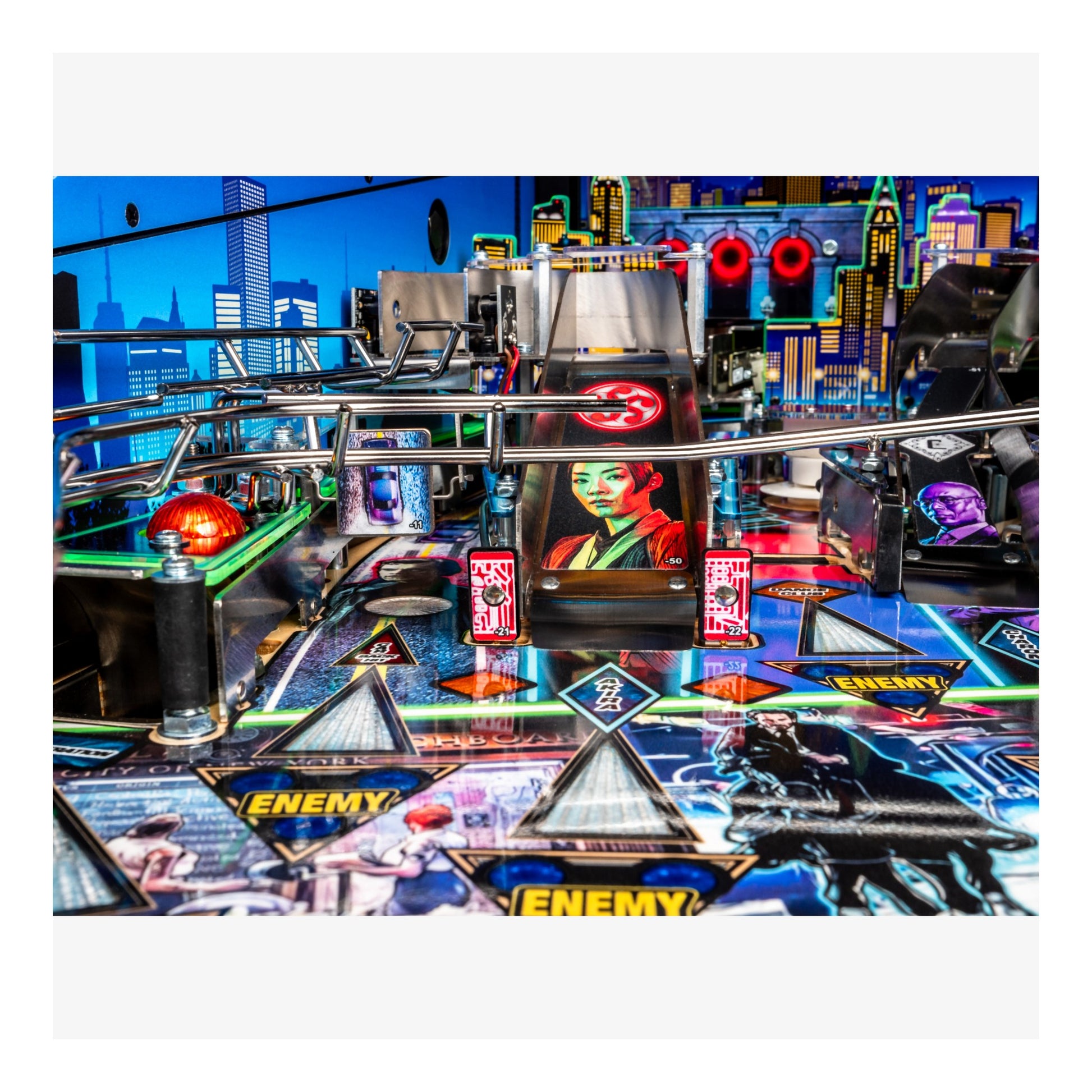 Pinball machine with colorful design and cityscape background