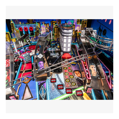 Colorful pinball machine with various symbols and characters on a vibrant background