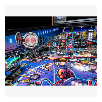 Pinball machine with colorful design and characters on a white background