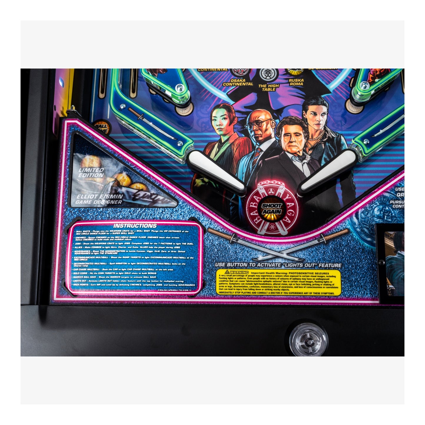 Pinball machine with colorful design and character images on a white background