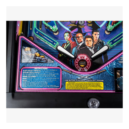 Pinball machine with colorful design and character images on a white background