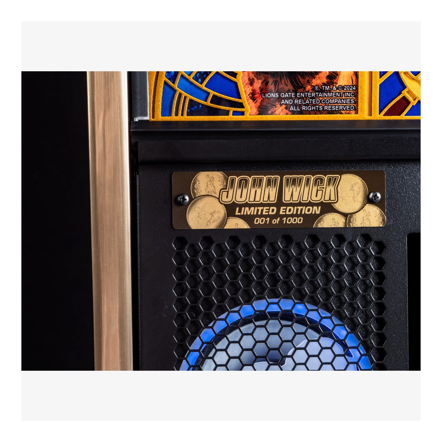 Close-up of a John Wick limited edition product with a label on a white background