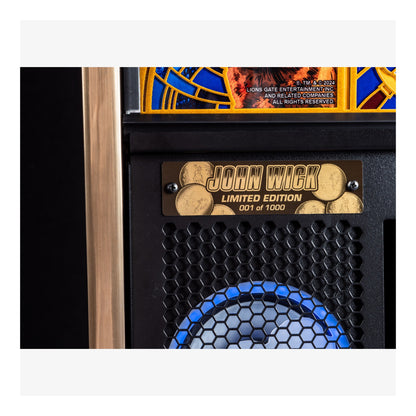 Close-up of a John Wick limited edition product with a label on a white background