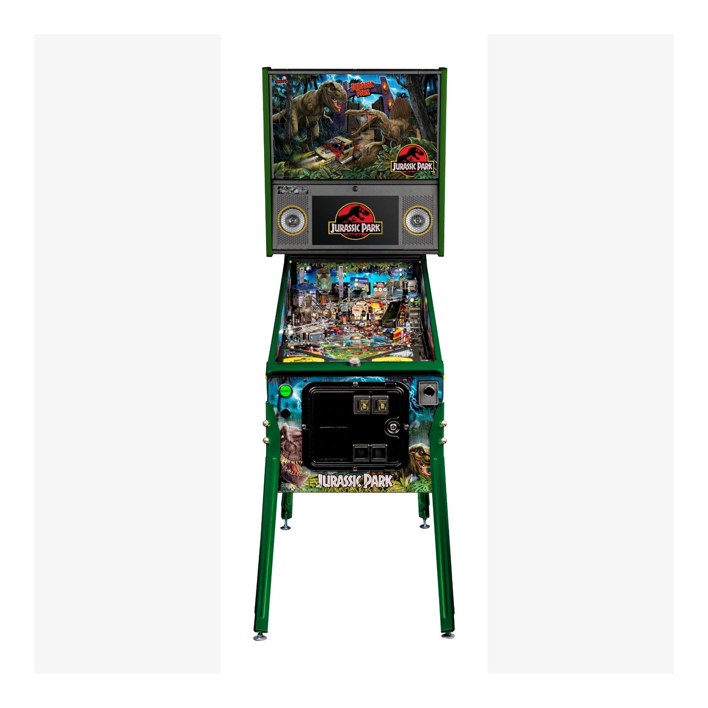 Pinball machine themed after 'Jurassic Park' on a white background