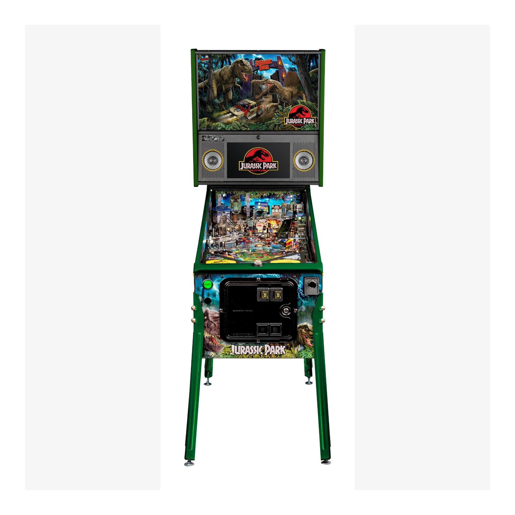 Pinball machine themed after 'Jurassic Park' on a white background
