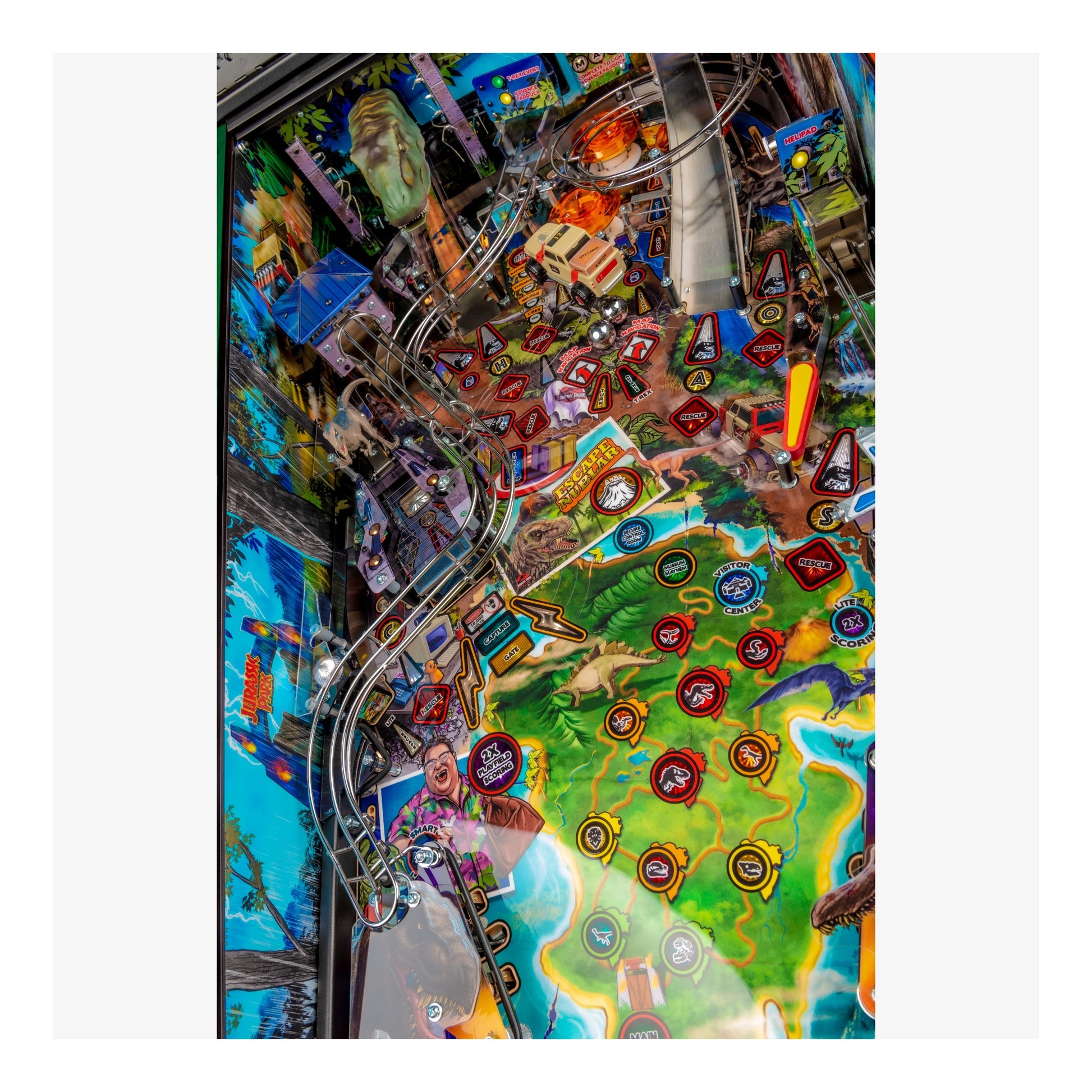 Close-up of a colorful pinball machine with various symbols and designs.