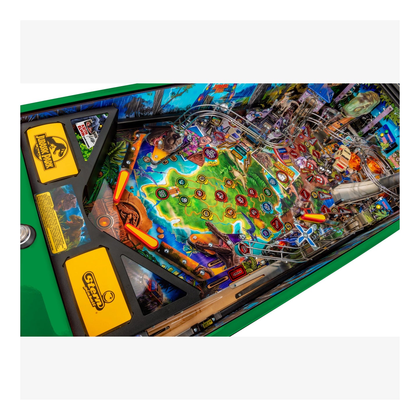 Close-up of a colorful pinball machine with various elements and a bright green border.