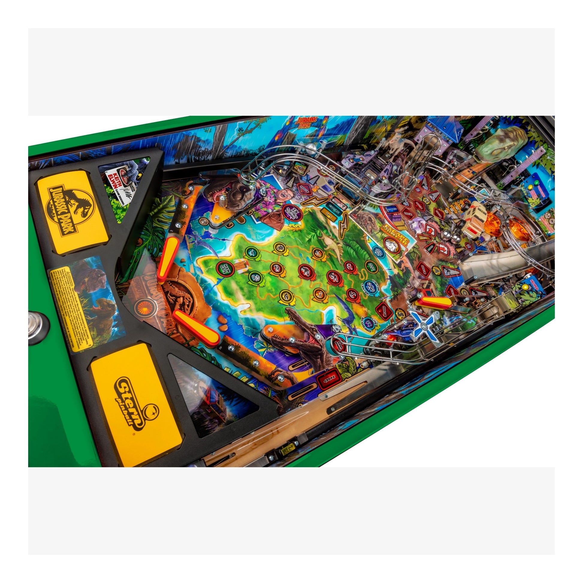 Close-up of a colorful pinball machine with various elements and a bright green border.