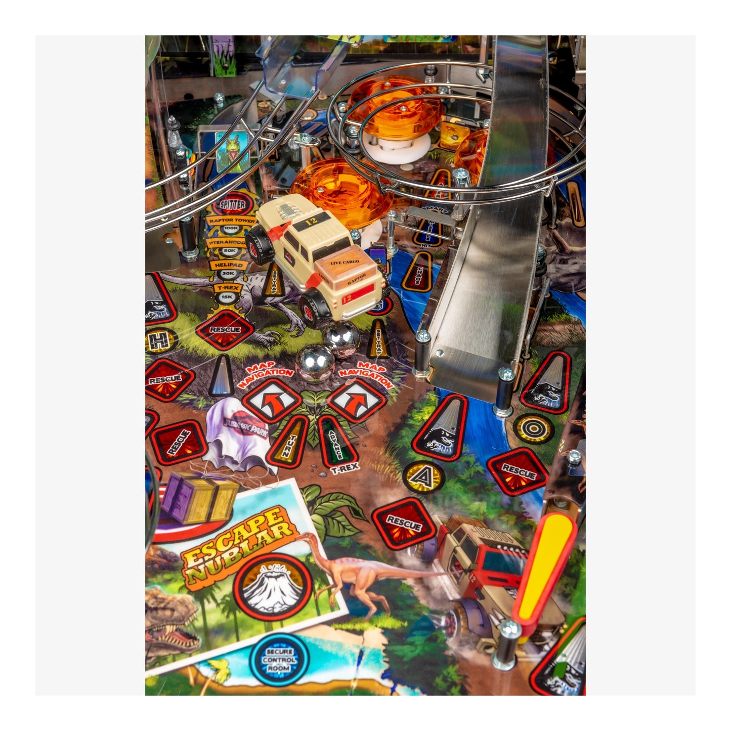 Pinball machine with various elements and graphics on a white background