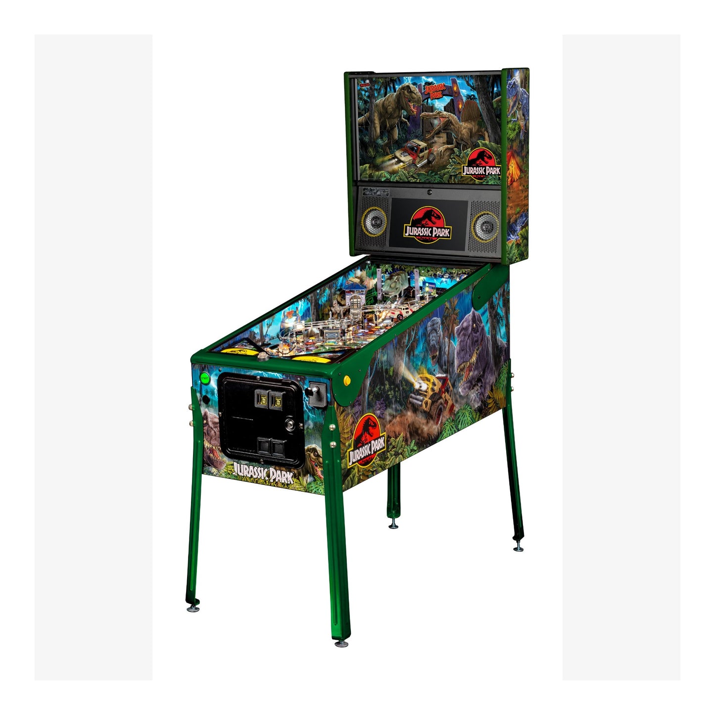 Jurassic Park-themed pinball machine on a white background