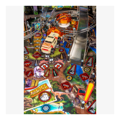 Pinball machine with 'Escape from Jurassic Park' theme featuring a car and dinosaur graphics.
