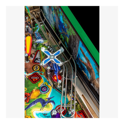 Close-up of a pinball machine with colorful artwork and a detailed playfield.