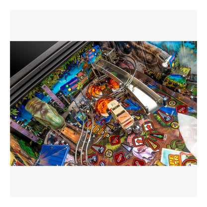 Close-up of a colorful pinball machine with various elements and a white border.