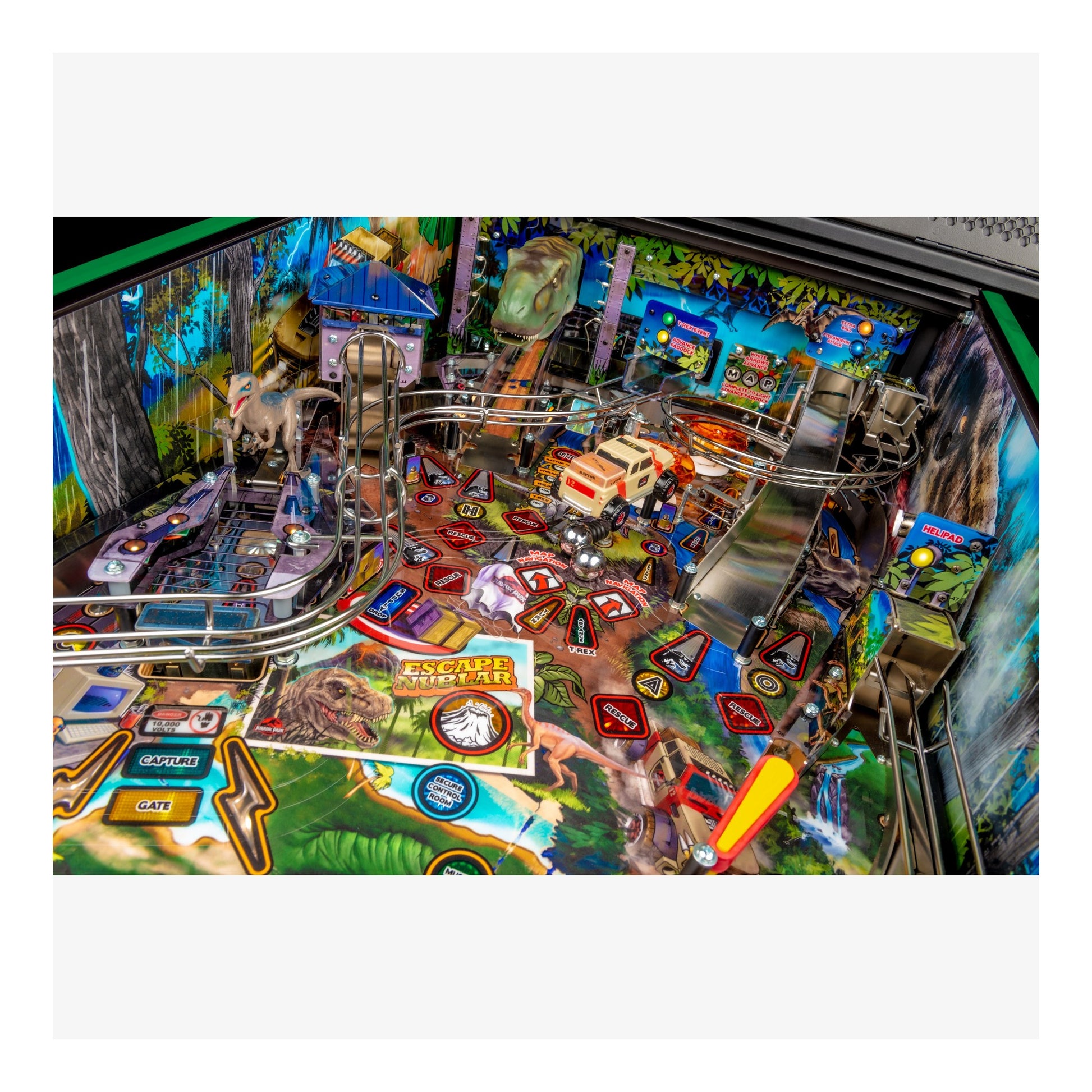 Colorful pinball machine with various symbols and designs on a white background
