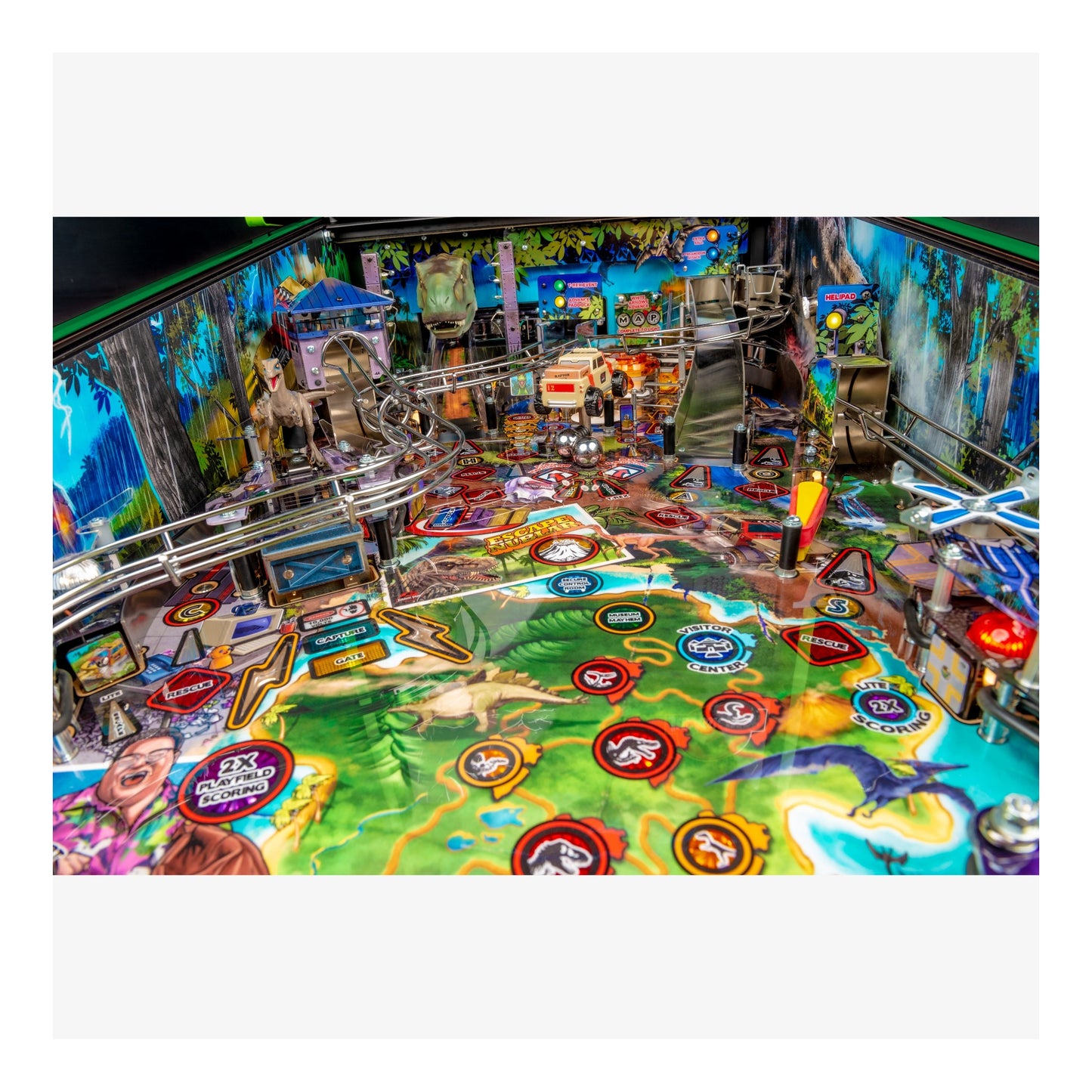 Colorful pinball machine with various symbols and graphics on a white background