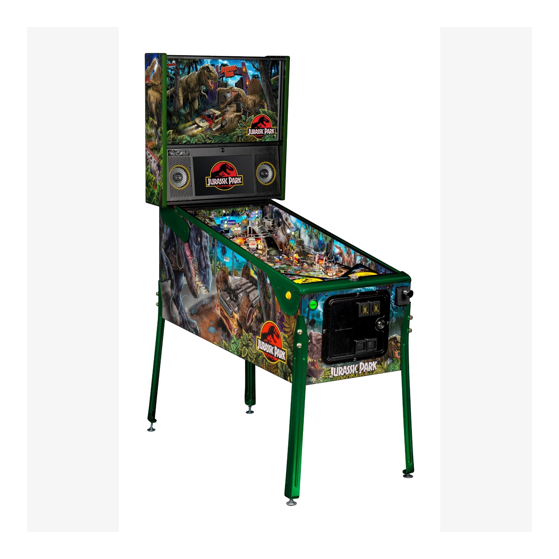 Jurassic Park-themed pinball machine on a white background