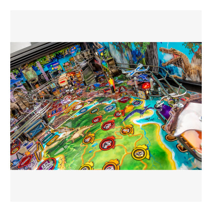 Colorful pinball machine with various symbols and a detailed layout.