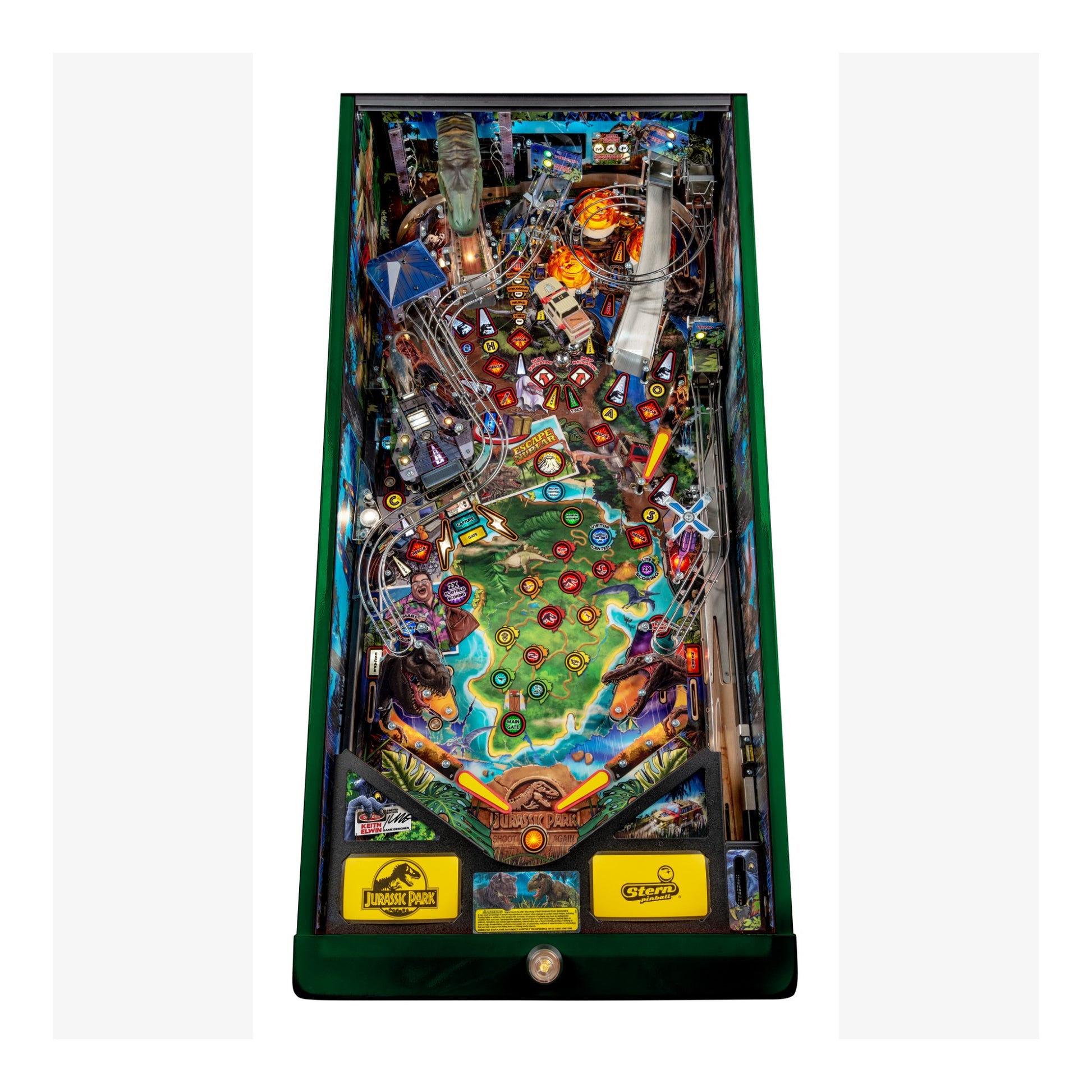 Pinball machine with detailed design on a white background