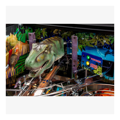 Pinball machine with dinosaur head and colorful background