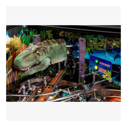 Pinball machine with dinosaur head sculpture and colorful background