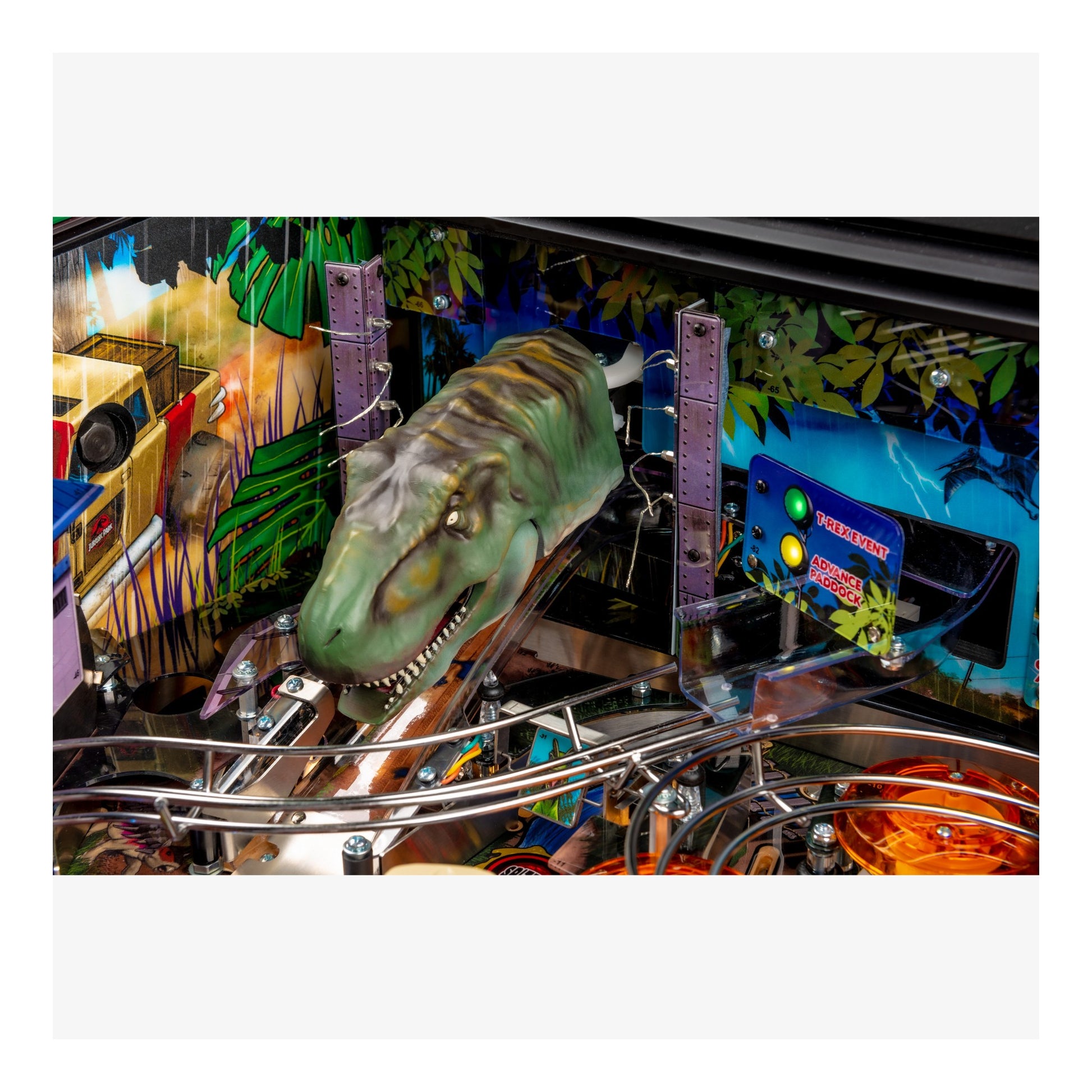 Pinball machine with dinosaur head and colorful background