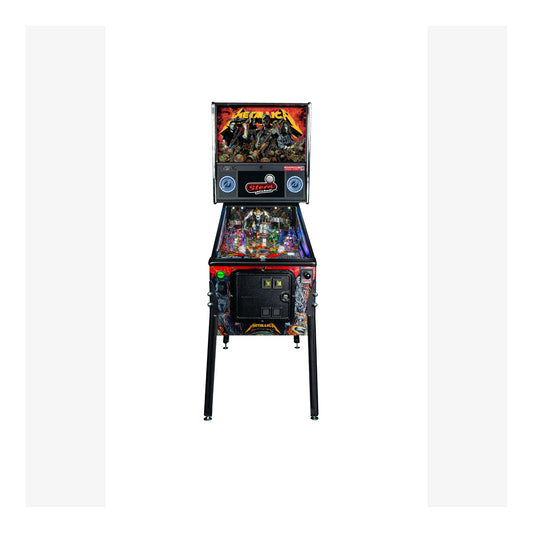 Pinball machine with 'Metallica' branding on a white background