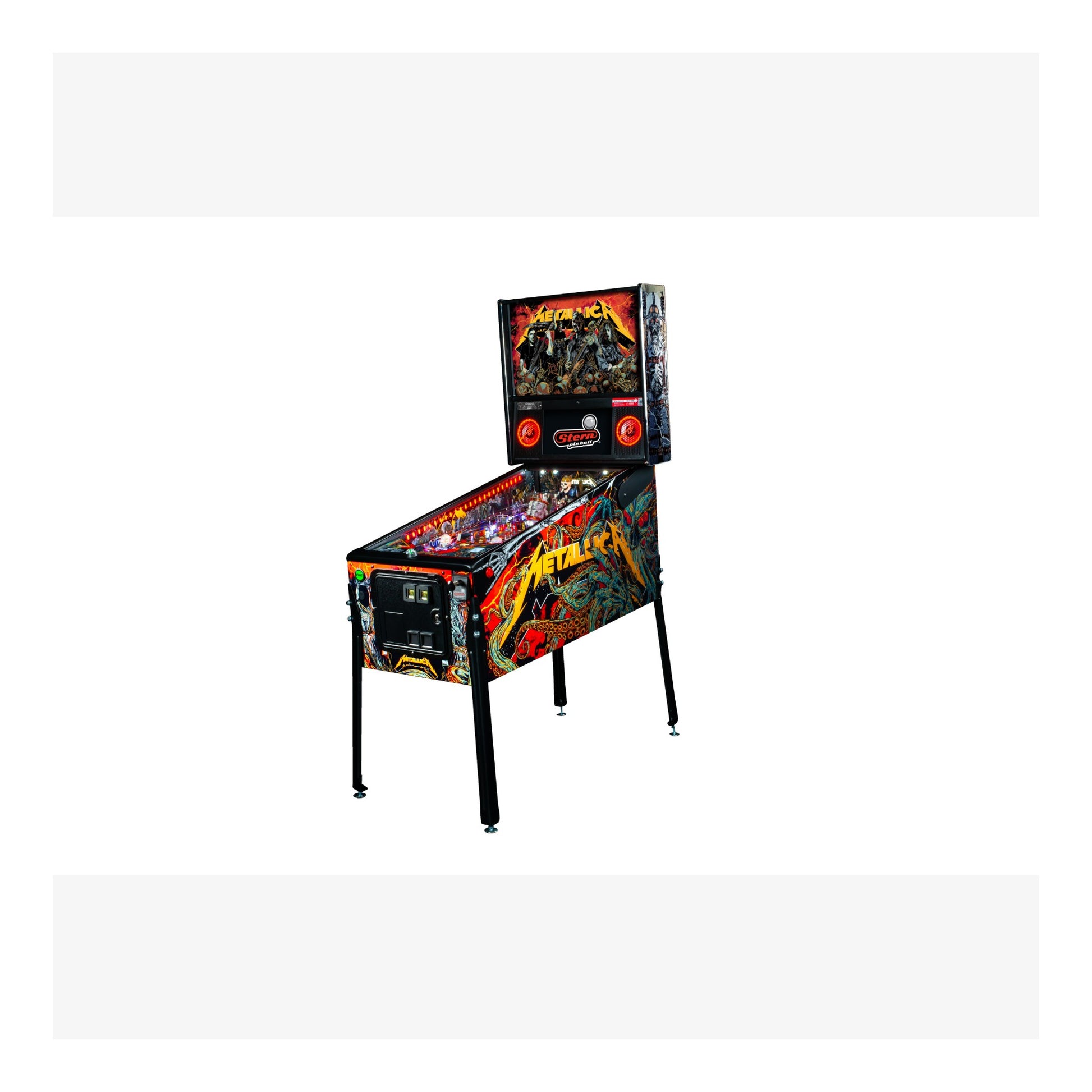 Pinball machine with 'Metallica' branding on a white background