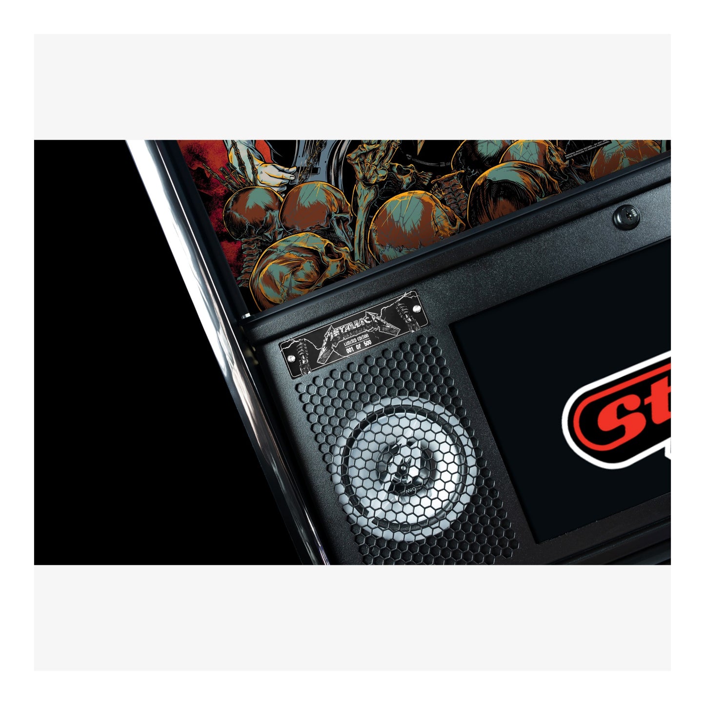 Close-up of a motorcycle with a speaker and brand logo on a black background