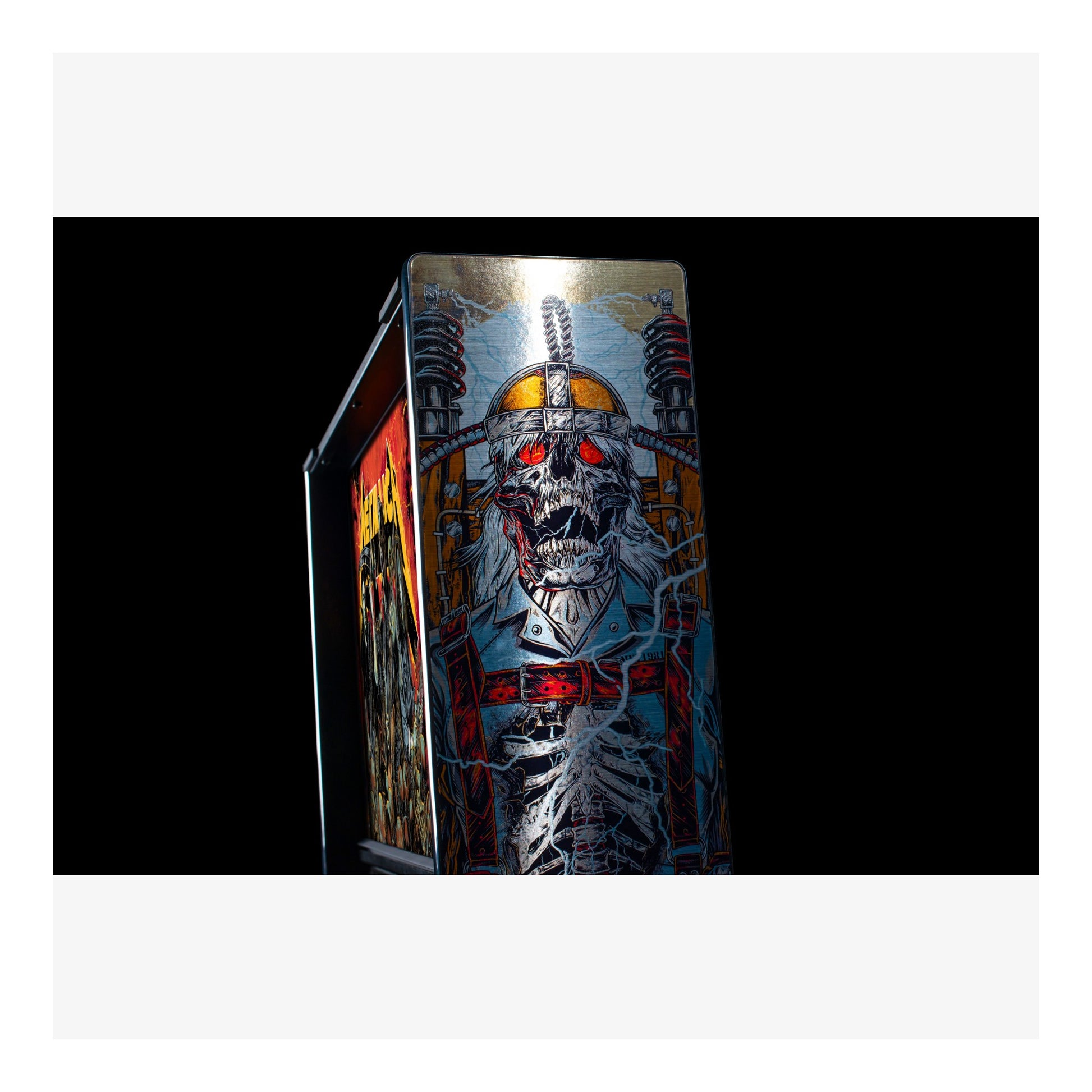 Metallic box with a robot skeleton design on a black background