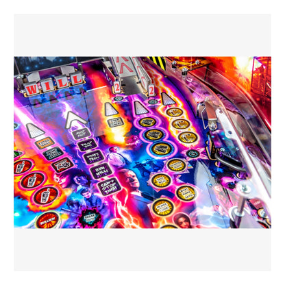 Colorful pinball machine with various symbols and text on a white background