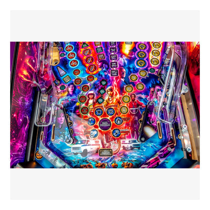 Colorful pinball machine with vibrant graphics and bright lights
