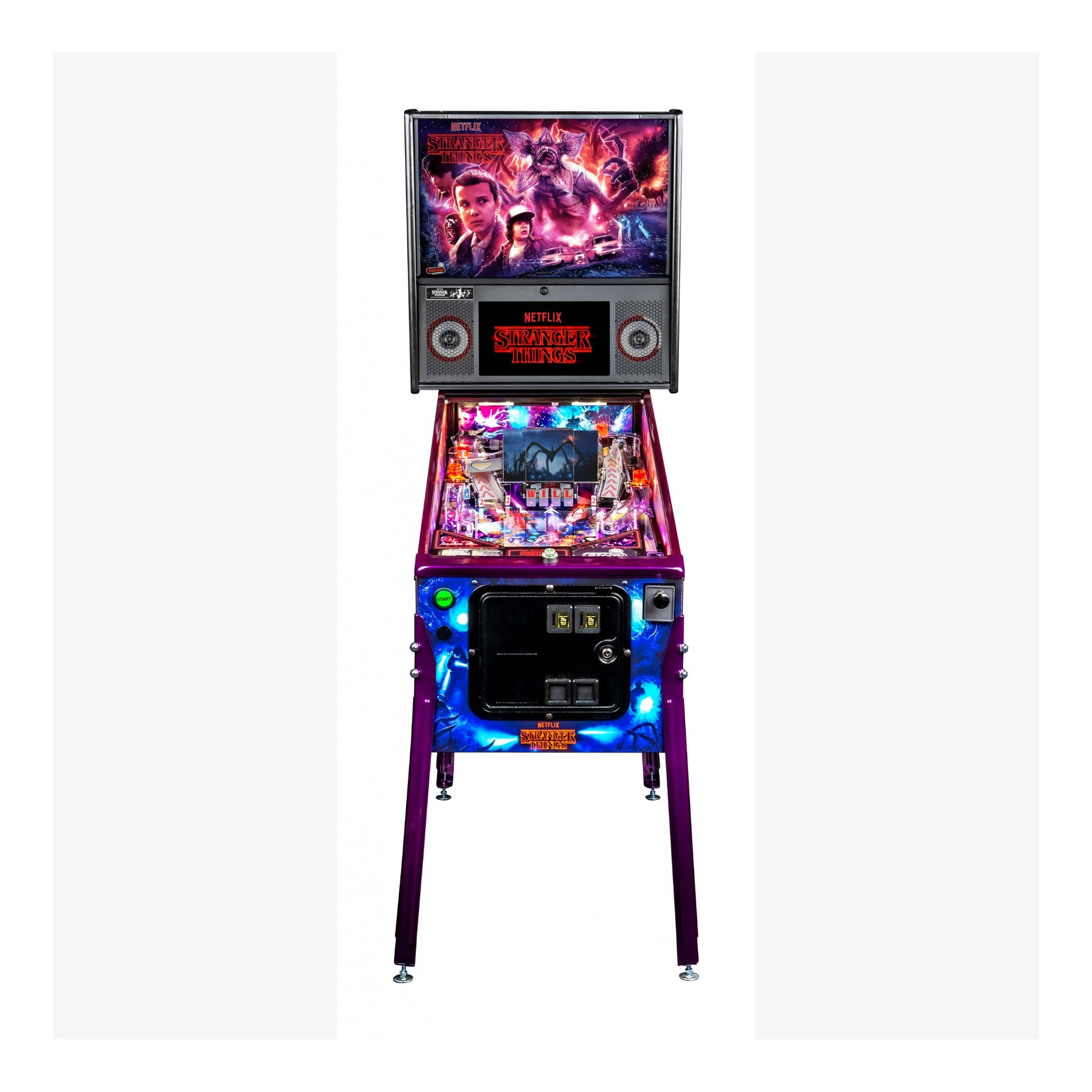 Pinball machine with colorful design and screen on a white background
