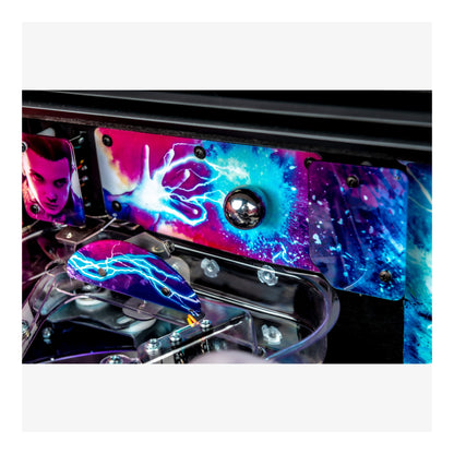 Colorful pinball machine with vibrant graphics on a white background