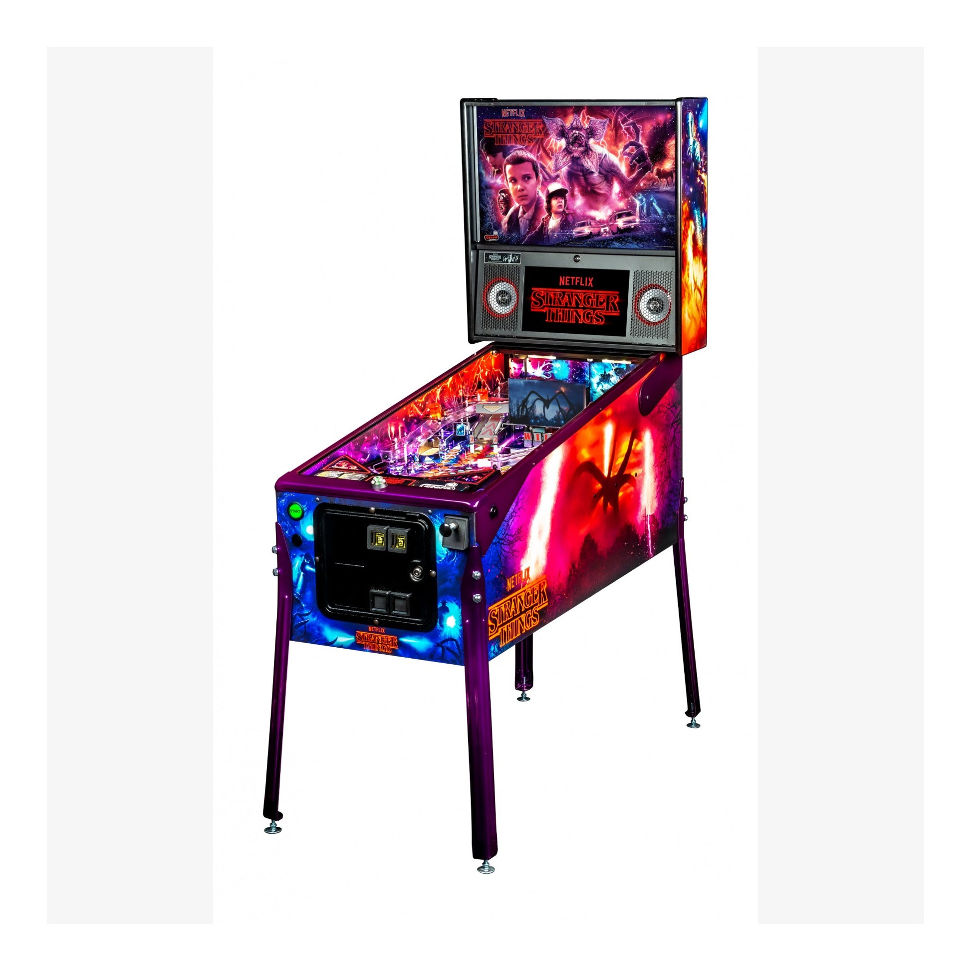 Colorful pinball machine with a screen displaying images on a white background