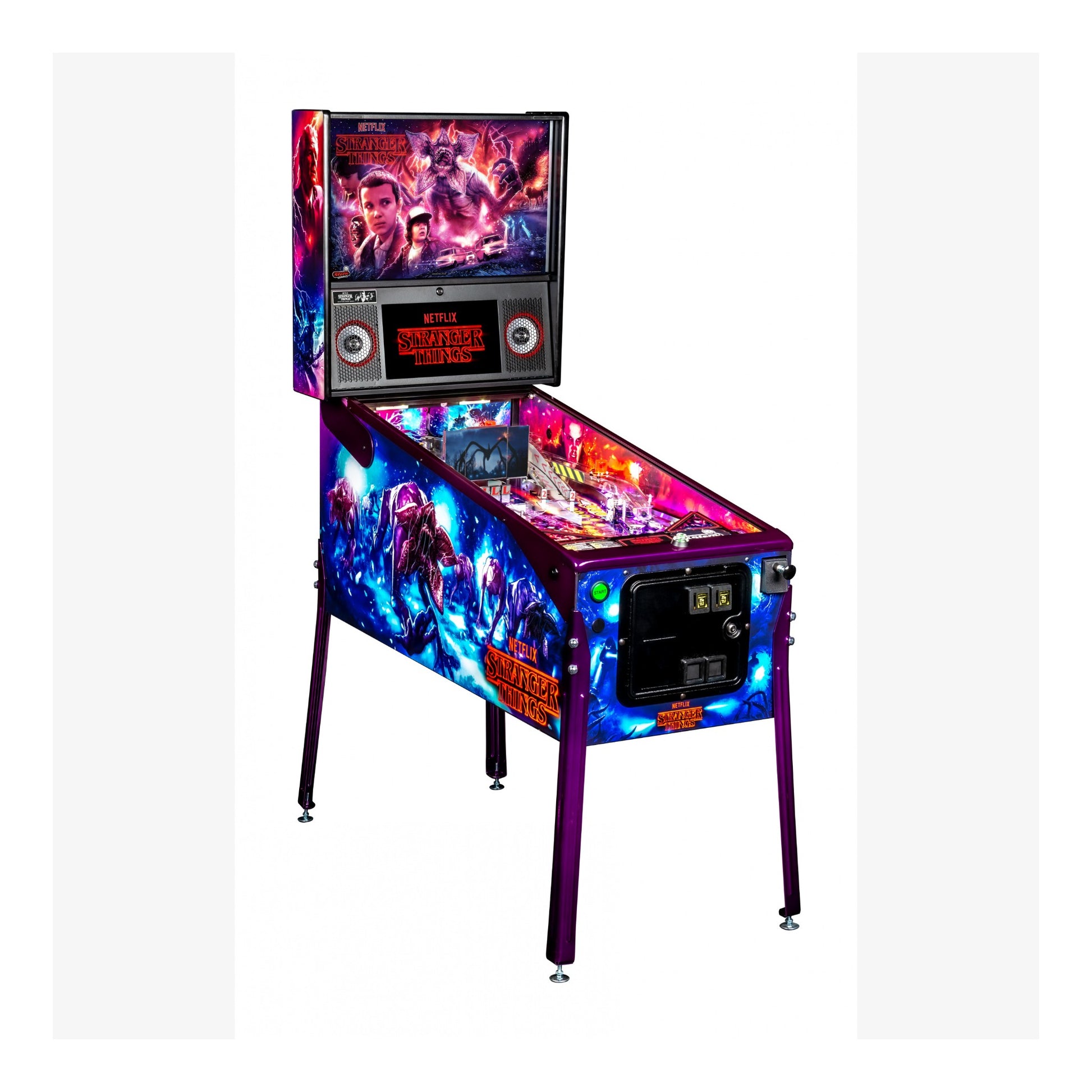 Colorful pinball machine with a vibrant design on a white background