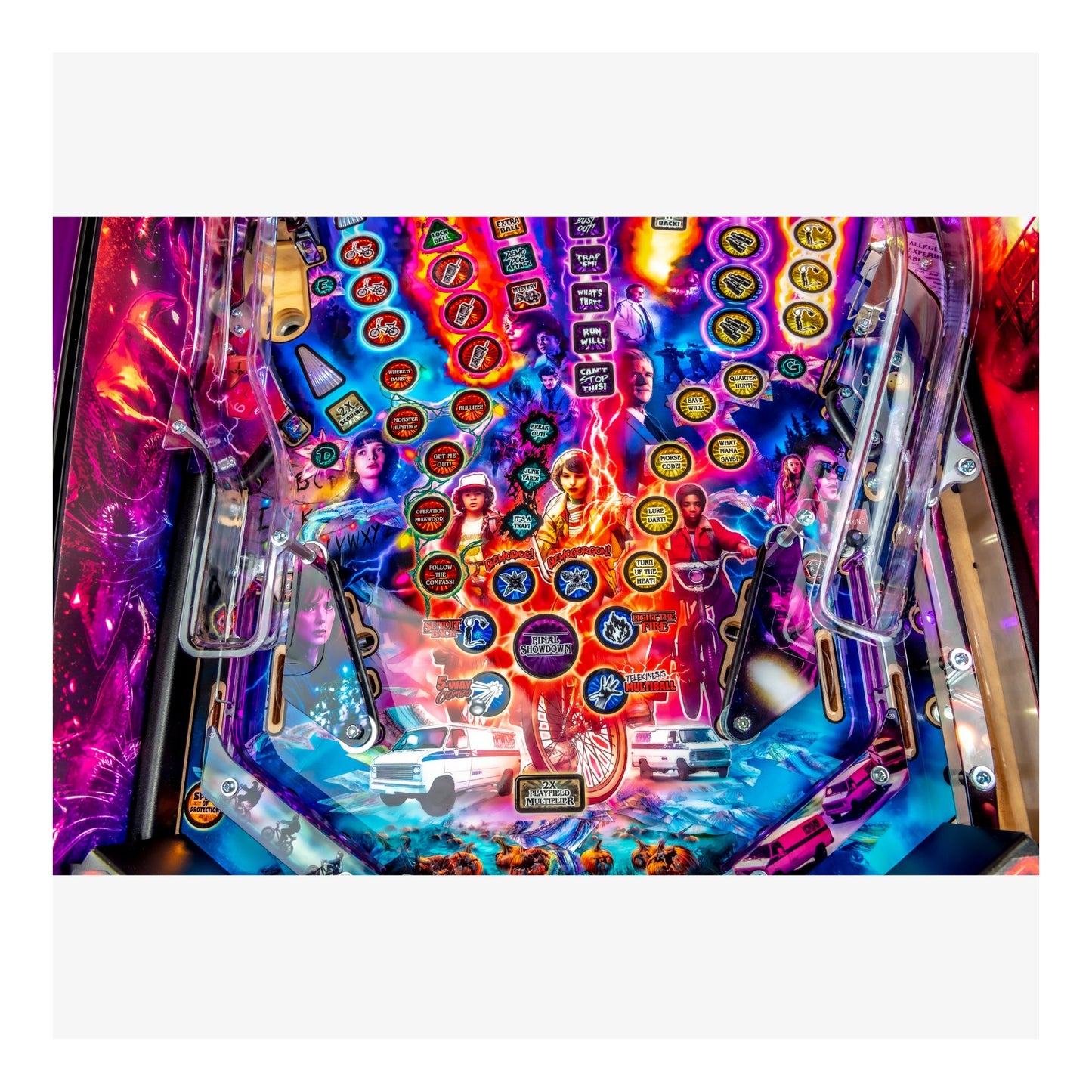 Colorful pinball machine with vibrant graphics and bright lights