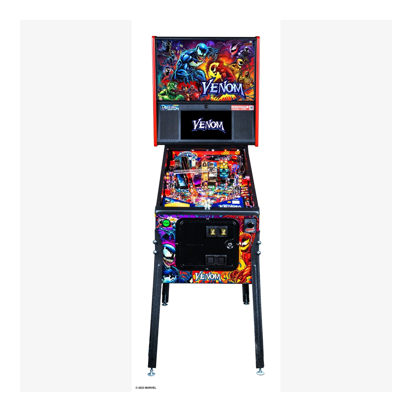 Pinball machine themed after the 'Venom' superhero with colorful design and 'Venom' branding.