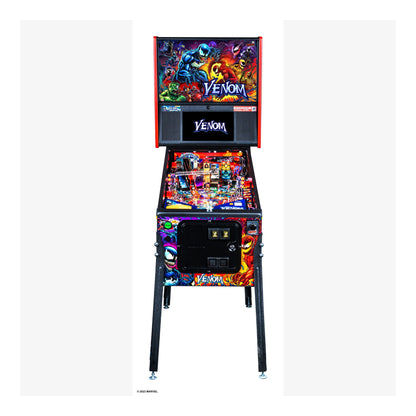 Pinball machine themed after the 'Venom' superhero with colorful design and 'Venom' branding.