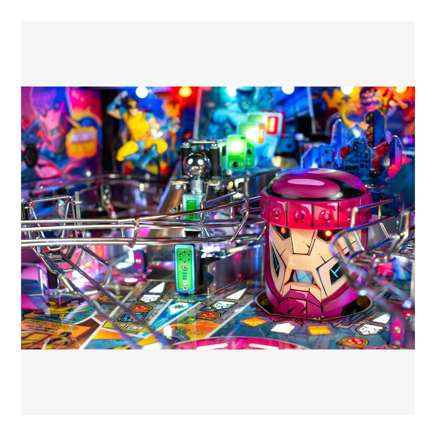 Colorful pinball machine with a character figure on a white background