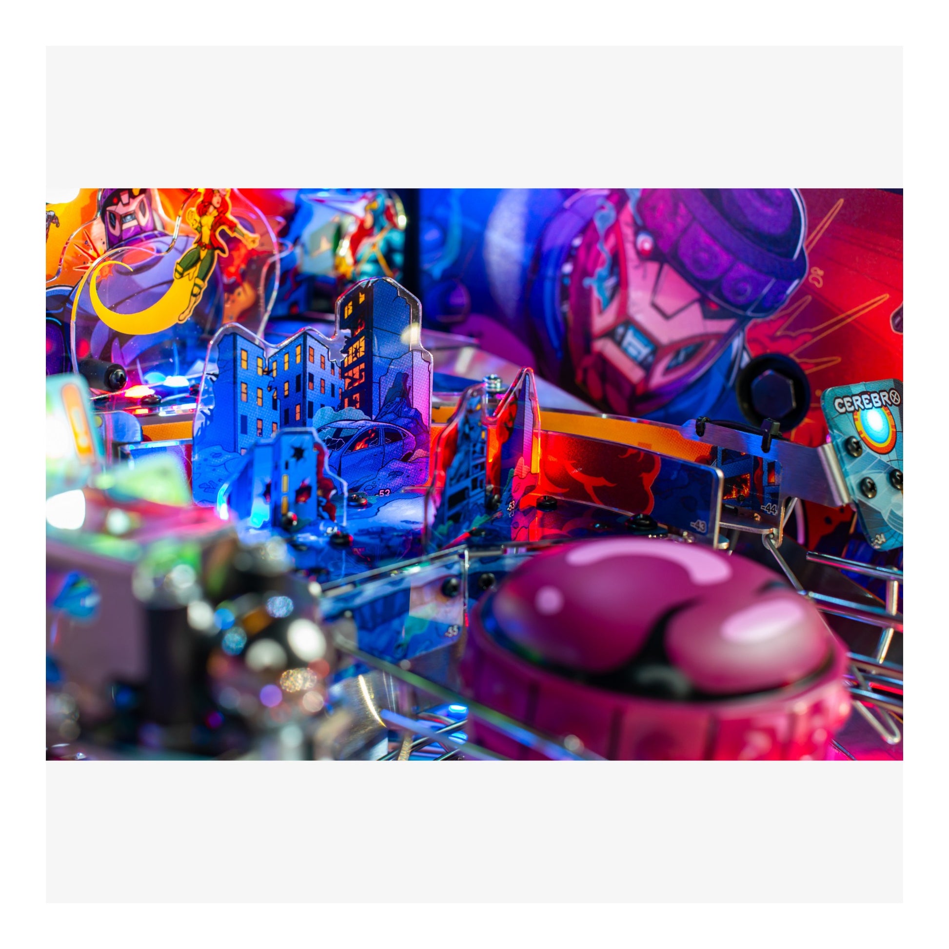 Colorful pinball machine with vibrant lights and details