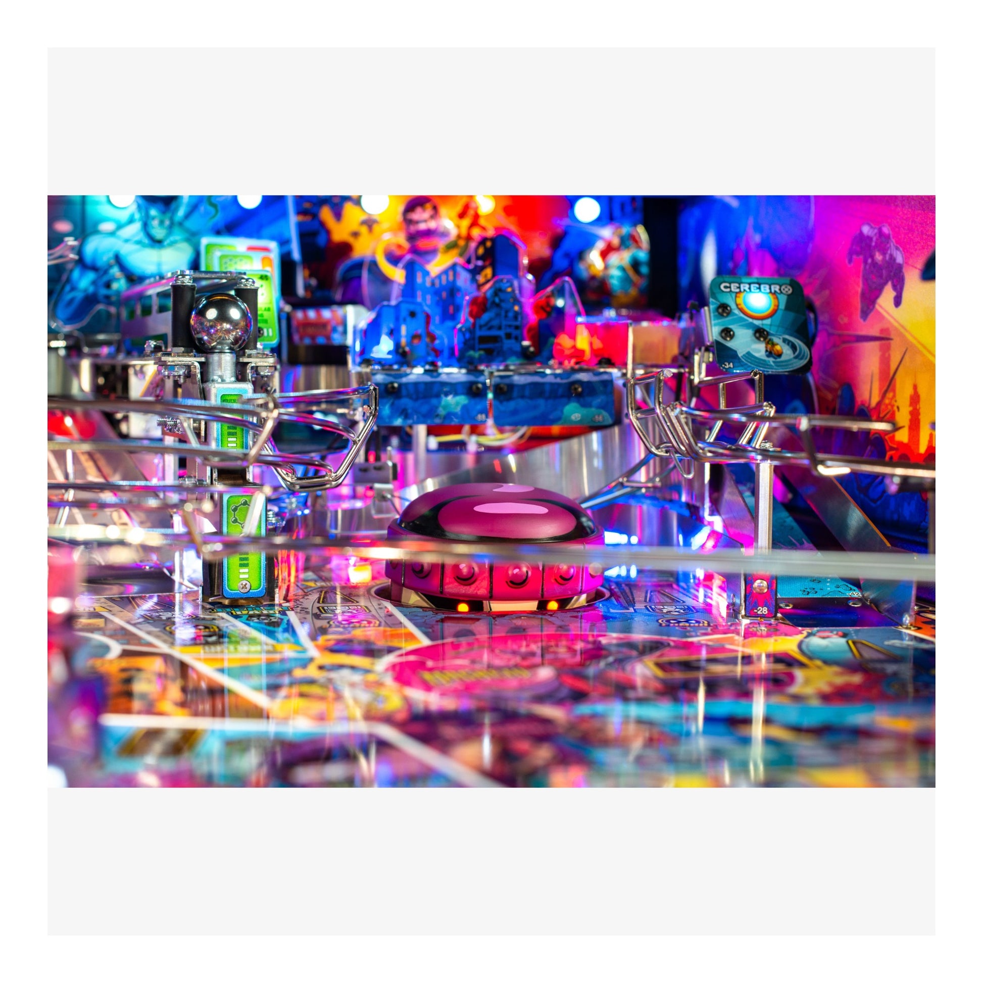 Colorful pinball machine with various components and a vibrant background.