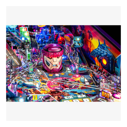 Colorful pinball machine with vibrant lights and detailed design