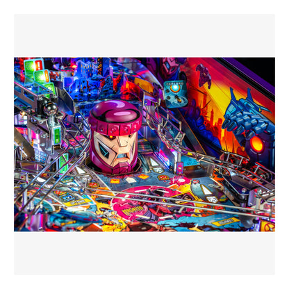 Colorful pinball machine with various elements and lights.
