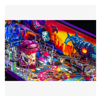 Colorful pinball machine with vibrant graphics and bright lights.