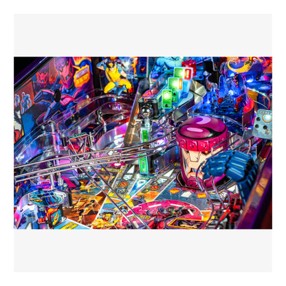 Colorful pinball machine with various lights and players in an arcade setting