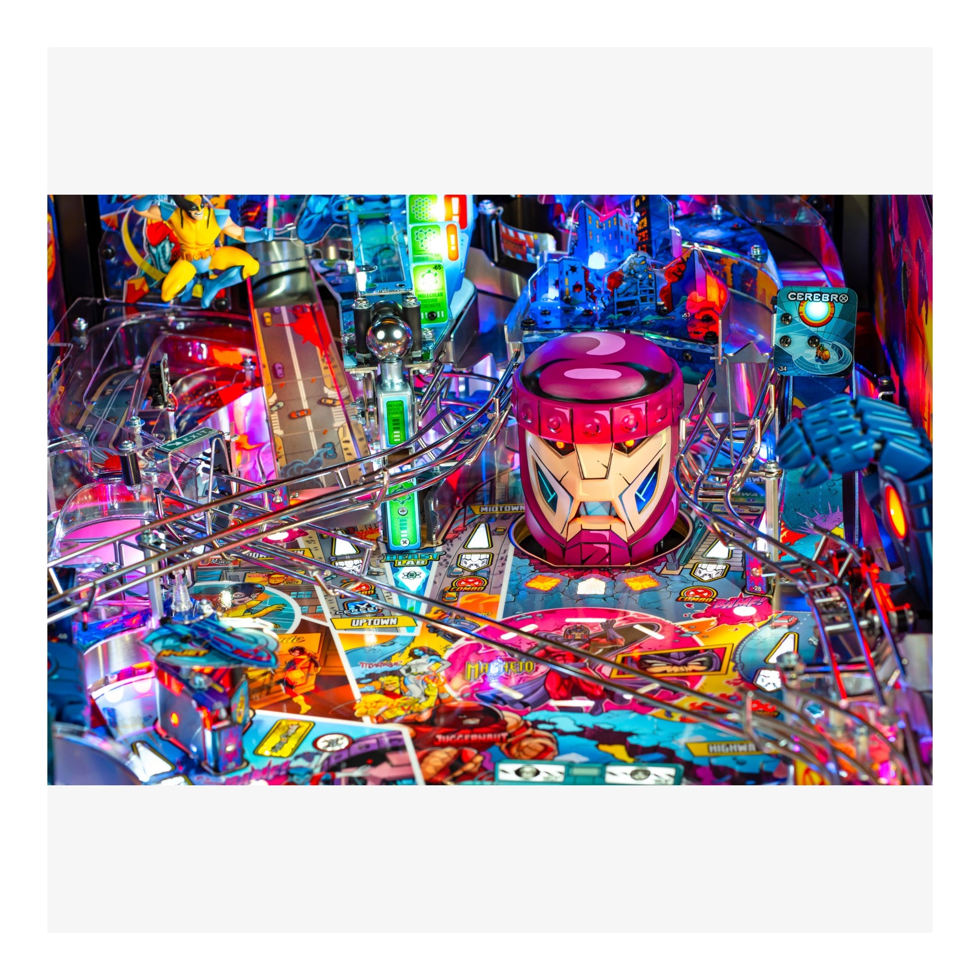 Colorful pinball machine with various lights and players in action